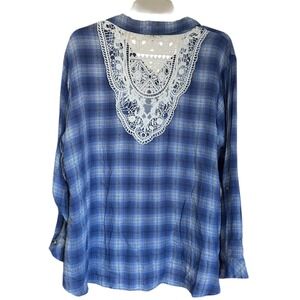 Linda Anderson Blue Plaid Crochet Lace Back Button Down Shirt Metallic XXL‎